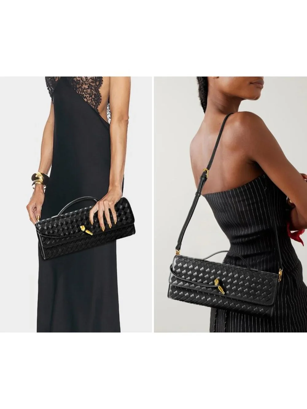 Women's Black Leather Suede Woven Clutch Purse For Evening Crossbody Bag